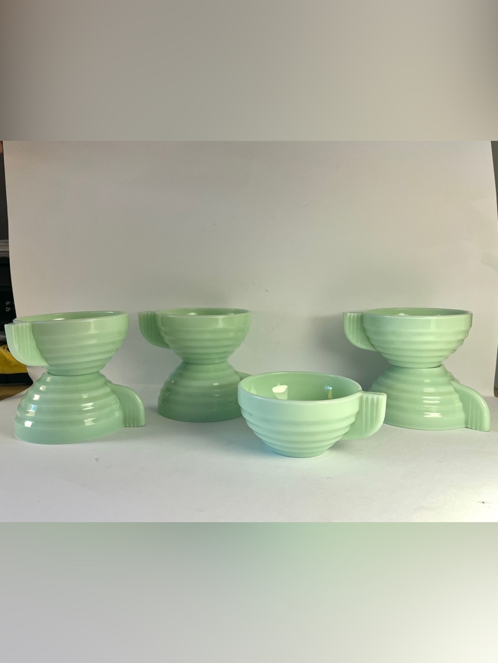 Vintage Jadeite Cup Set 7 Art Deco Style Ribbed Milk Glass Coffee Cups - FRANCE